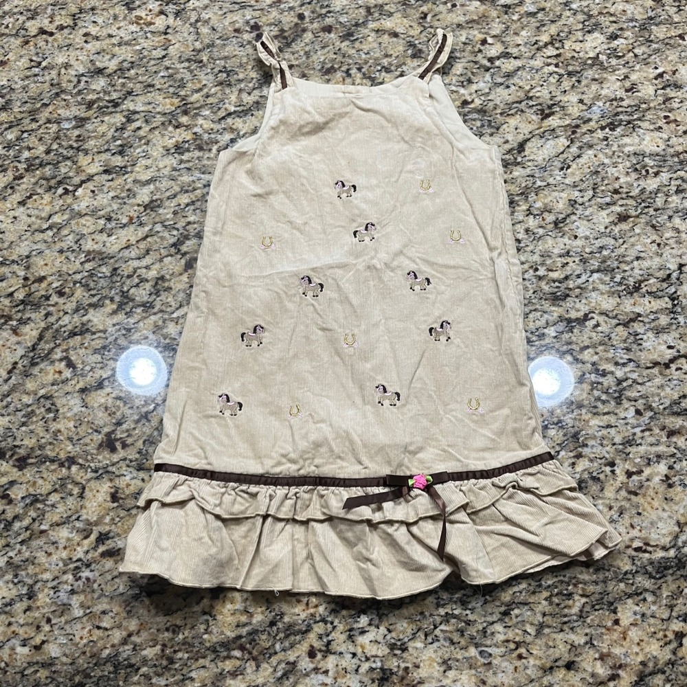 Youngland Girls Tan Corduroy Horse Embroidered Jumper Dress Size 6X Equestrian